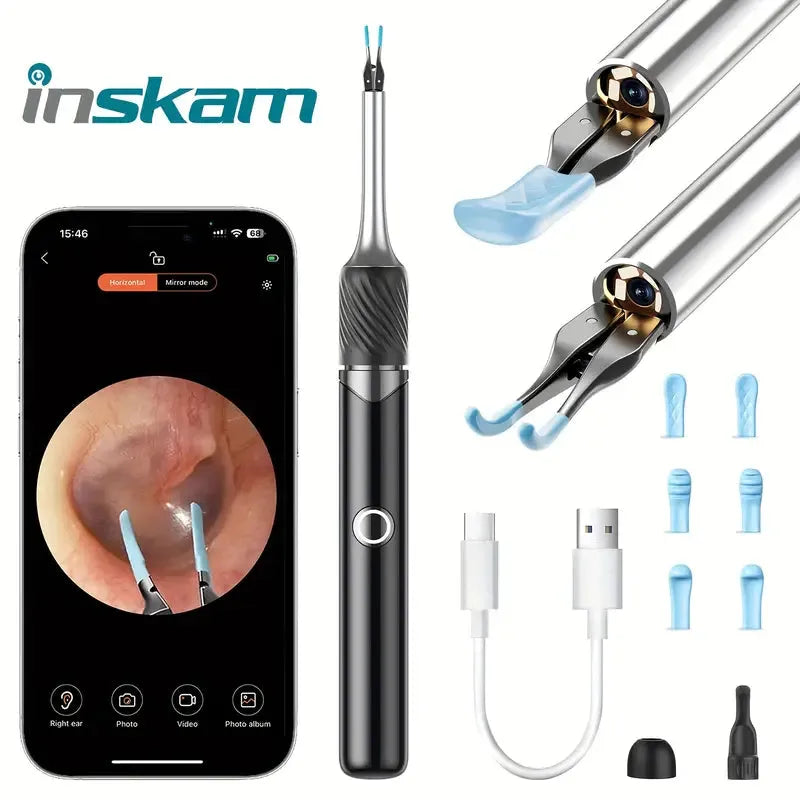 Ear cleaning tool set with smartphone app, black device, attachments, and charging cable on a white background.